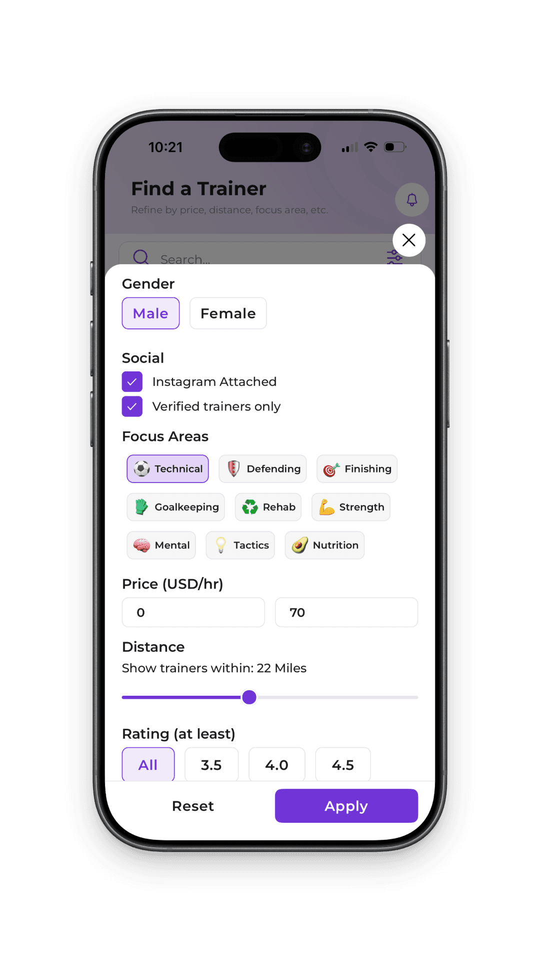 Matchfit filters screen