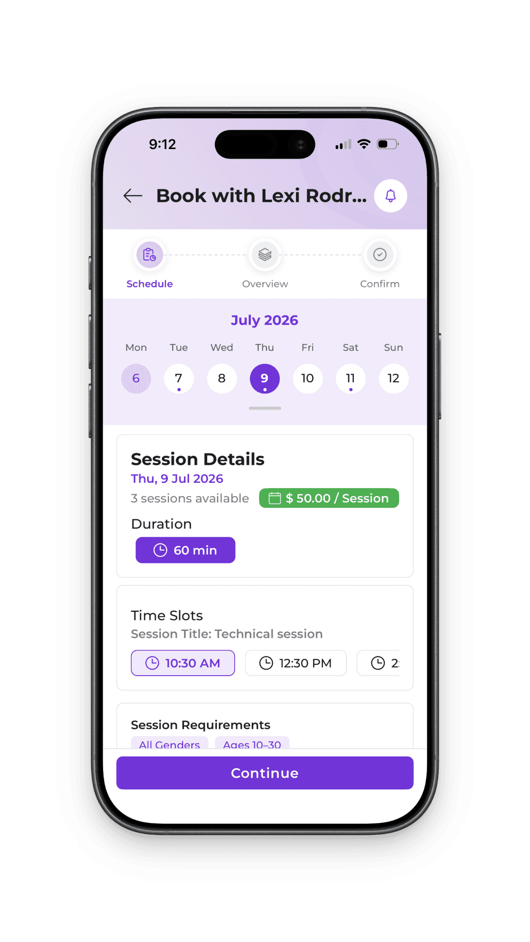 Booking schedule screen